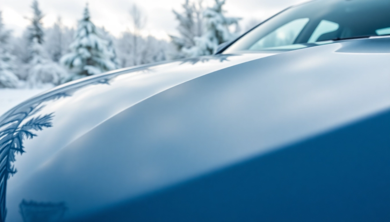 Enhance PPF winter road salt protection by showcasing a shiny vehicle in snowy conditions.