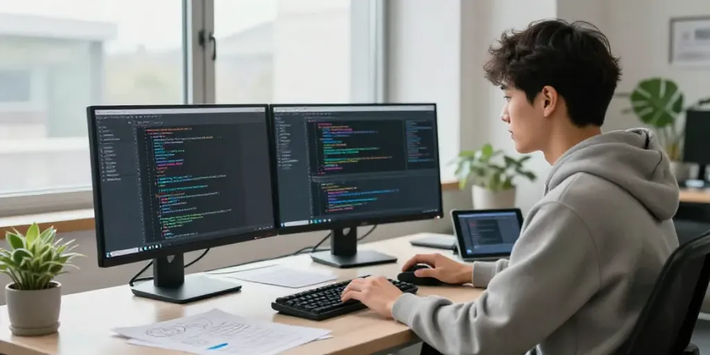 AI tools for text generation utilized in a modern workspace with dual monitors and creative elements.