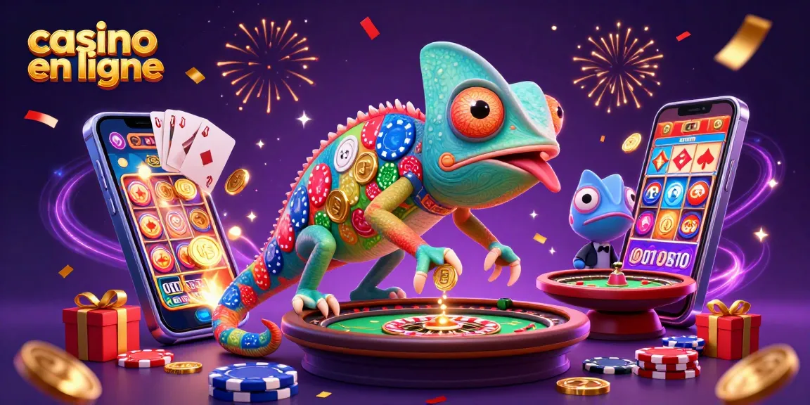 Animation dynamique de casino en ligne avec un caméléon qui attrape des pièces d'or.