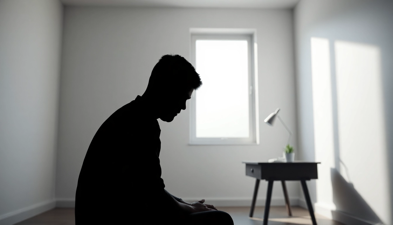 Illustration of depression symptoms portrayed by a silhouette in a tranquil room with soft lighting.