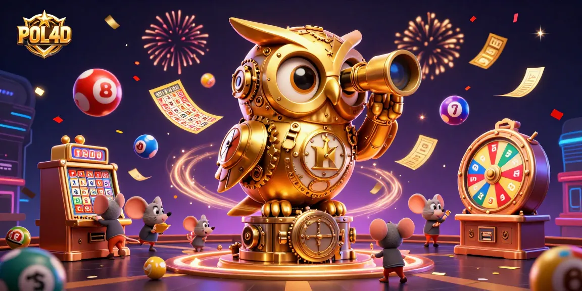 POL4D menyajikan dekorasi kasino dengan burung hantu emas dan tikus, penuh bola lotere berwarna.
