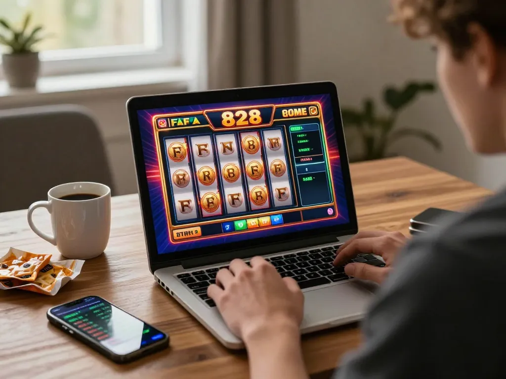 Experience FAFA 828 action while spinning reels in a cozy online gaming setup.