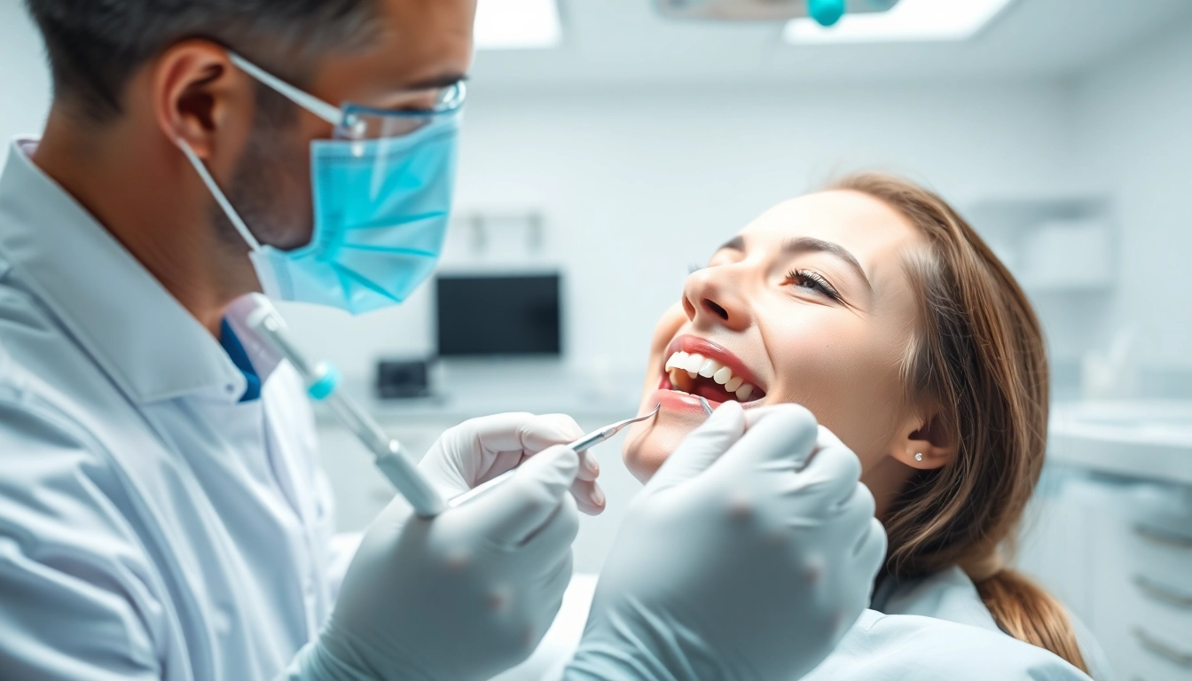 Dentist providing an examination with advanced tools in a bright clinic setting.