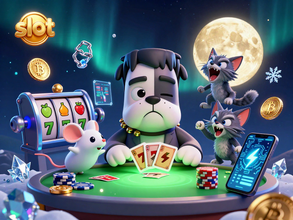 Engage with the slot reels and jackpot at this thrilling casino scene with a Frankenstein bulldog dealer.