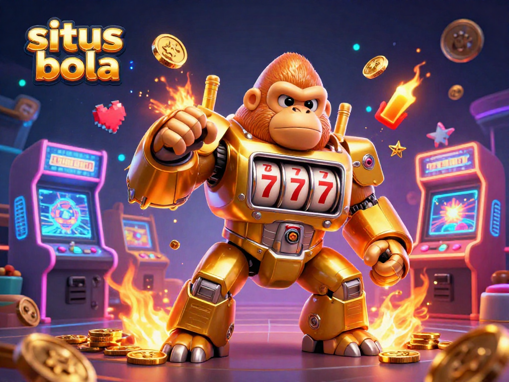 Spark thrilling moments at situs bola with a golden gorilla mech surrounded by vibrant casino elements.