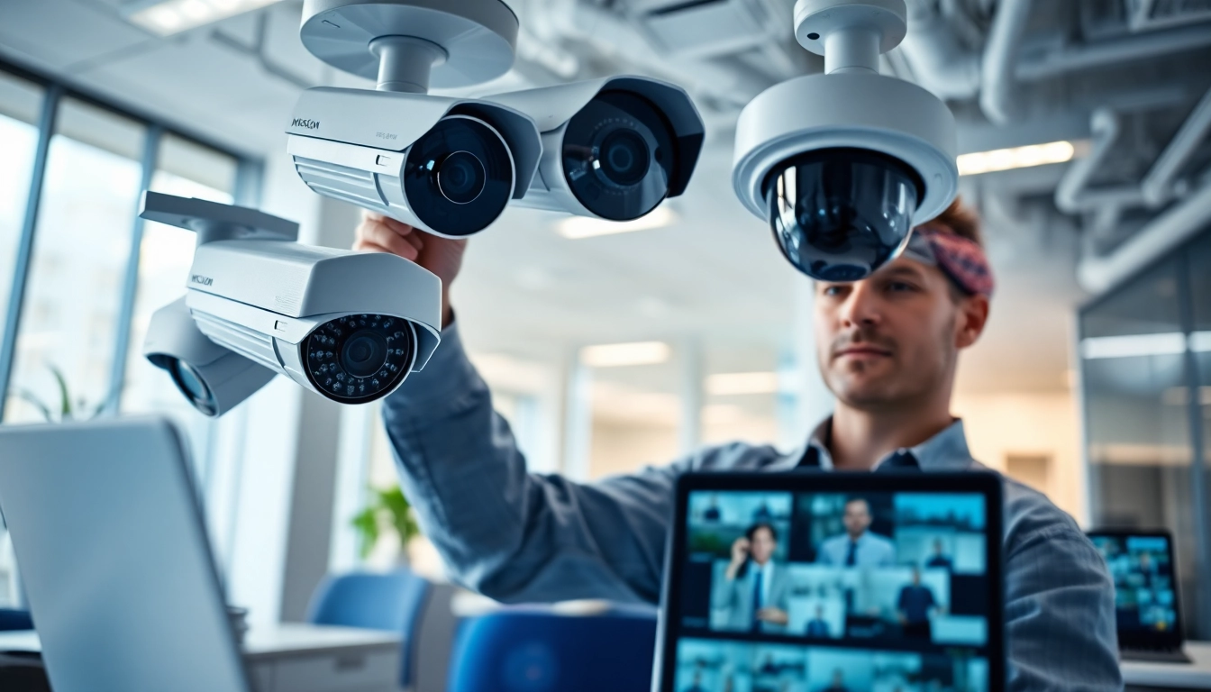 Técnico experto instalando Cámaras Hikvision en una oficina moderna, mostrando tecnología de seguridad avanzada.