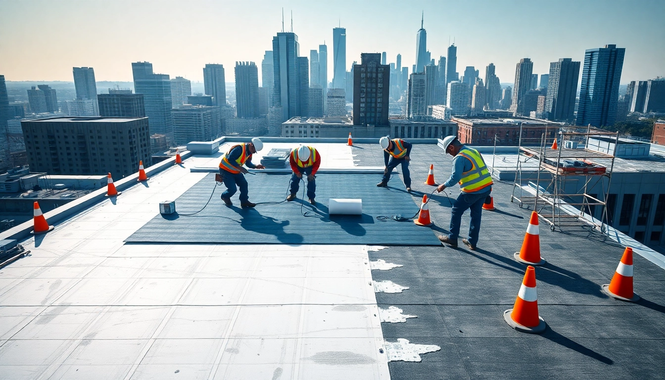 Engaged workers providing commercial roofing services on a large urban building.