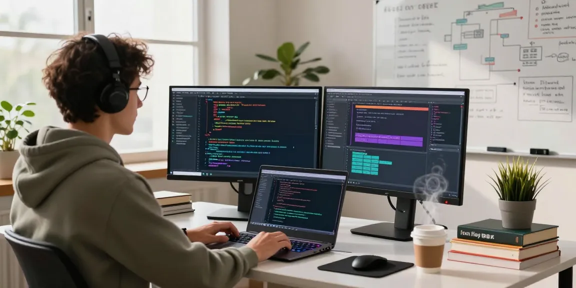Pengembang perangkat lunak menggunakan Server PG di ruang kerja kolaboratif modern dengan monitor menampilkan kode.