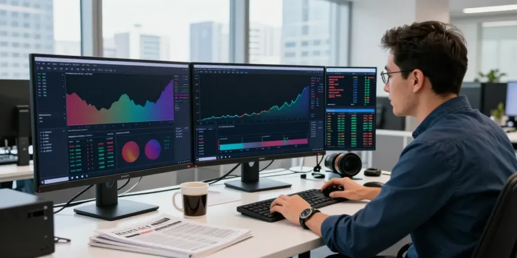 Traders analyzing MetaTrader 5 charts in a busy financial office.