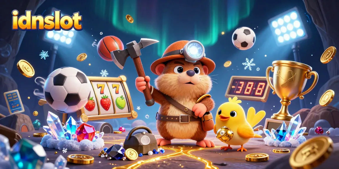 Engage with idnslot in this dynamic 3D illustration featuring treasure hunting and slot symbols.