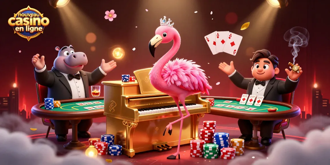 Plongez dans un nouveau casino en ligne avec une illustration animée captivante mettant en vedette un flamingo chanteur et des éléments de poker.