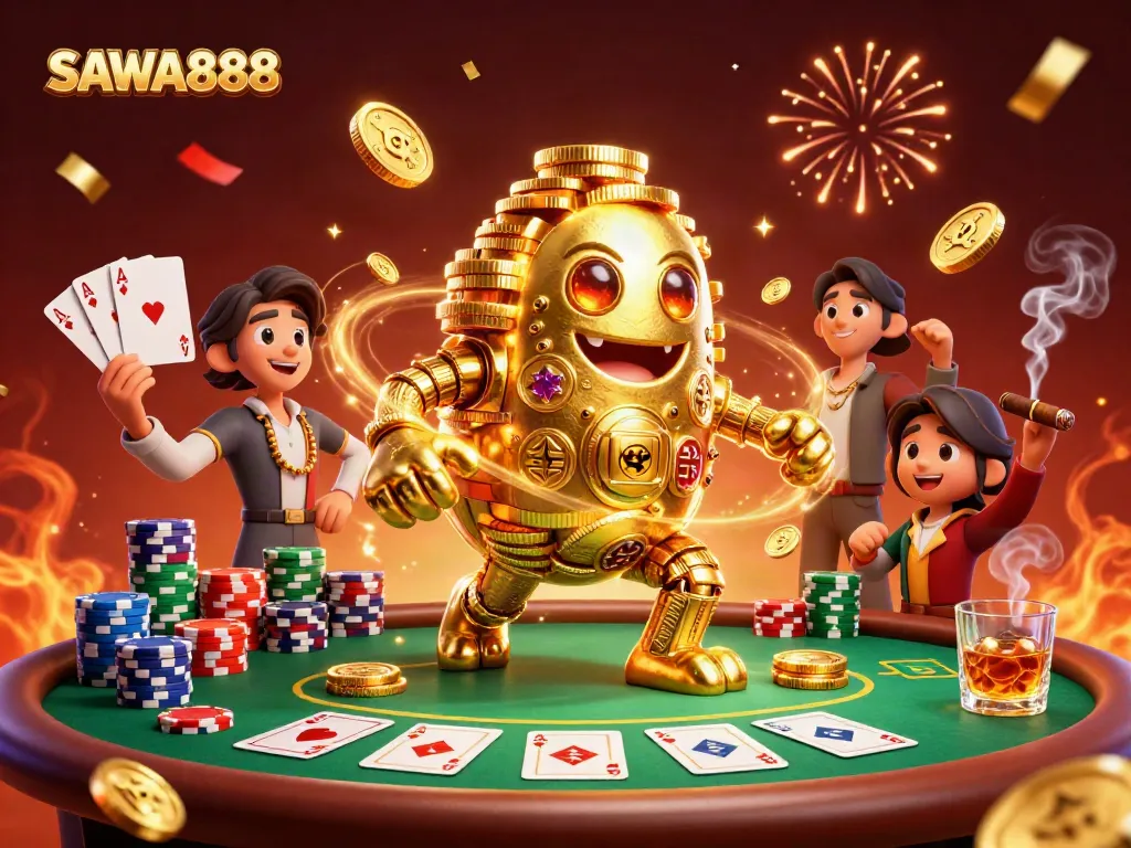 Experience thrilling excitement at SAWA888 with a vibrant 3D illustration of casino characters in action.