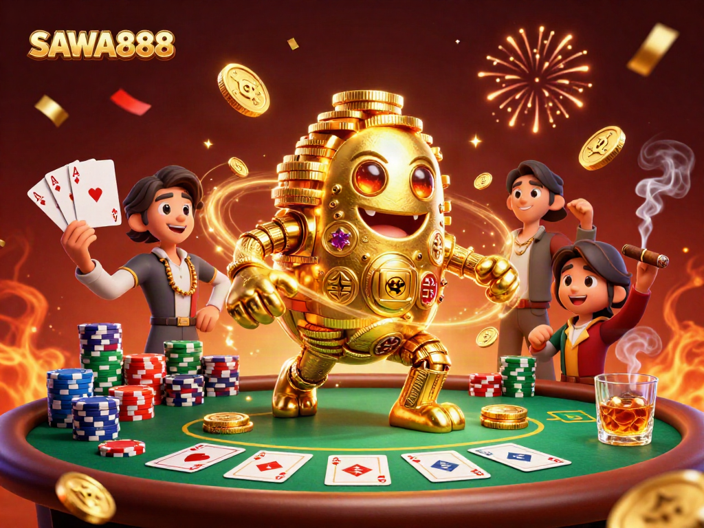 Experience thrilling excitement at SAWA888 with a vibrant 3D illustration of casino characters in action.