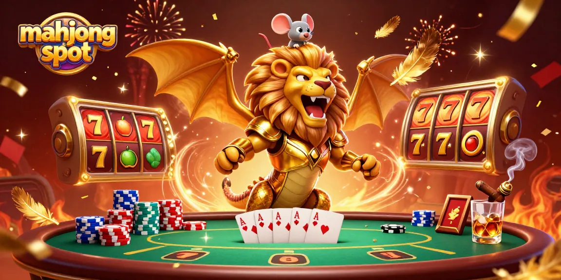 Experience the excitement of mahjong slot with a lion-headed chimera and vibrant casino elements.