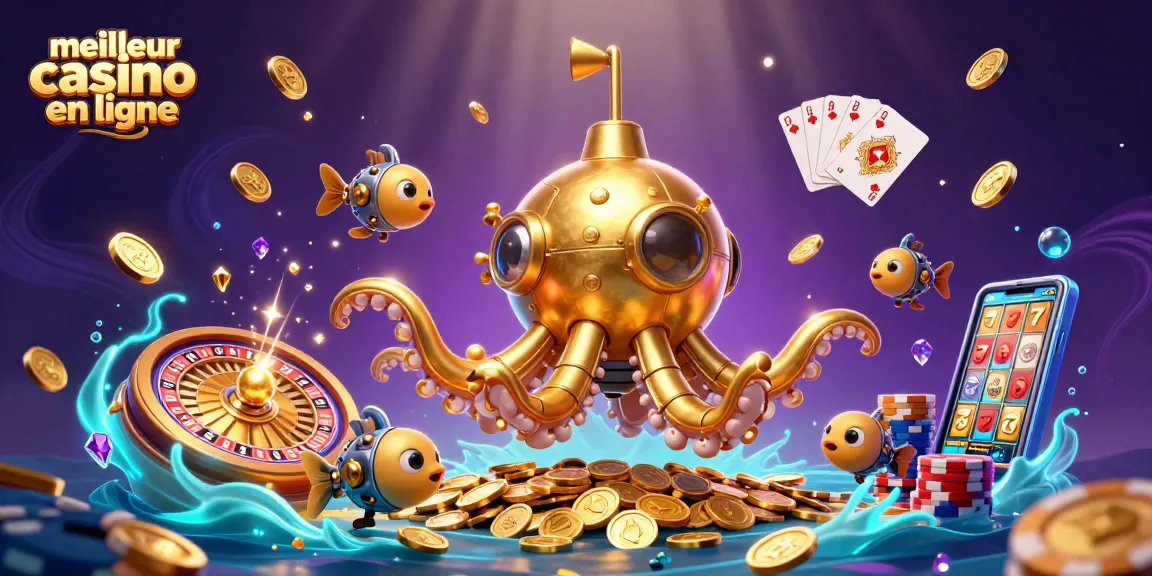 Obtenez des gains au meilleur casino en ligne avec l'illustration d'un kraken sous-marin et des gains flamboyants.