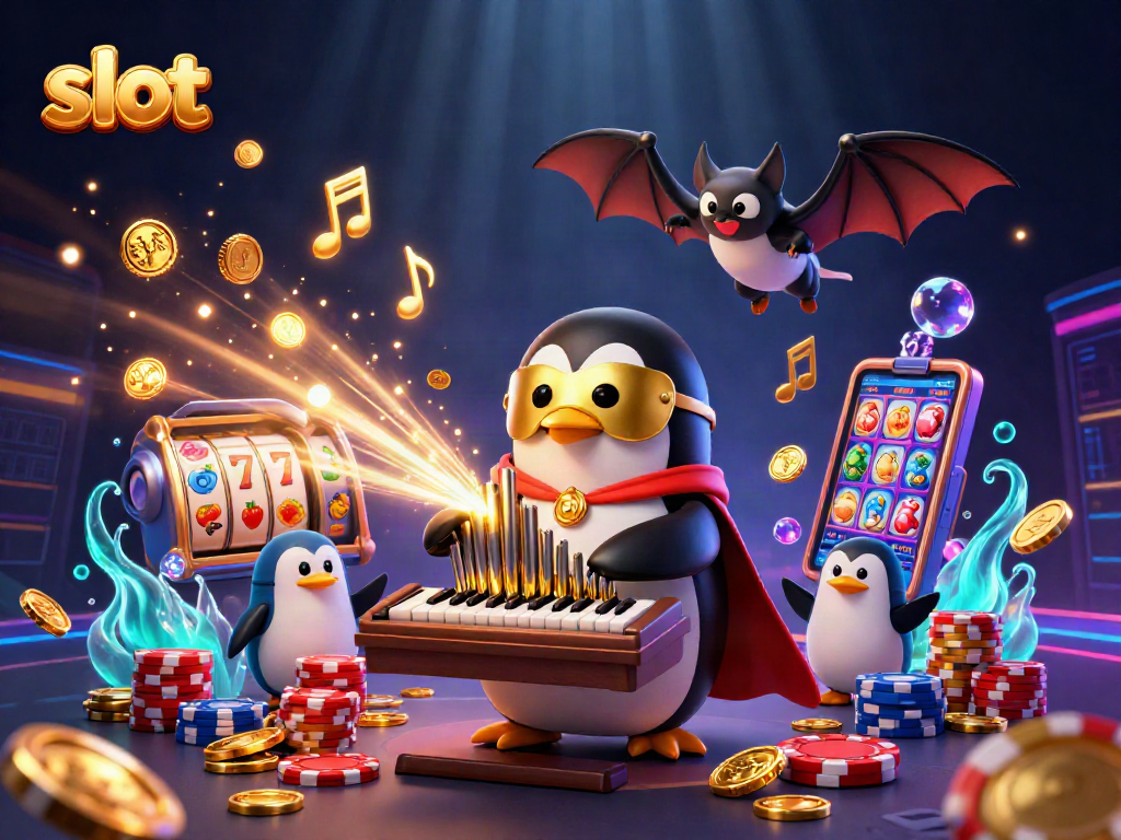 Slot mengamuk dengan simbol buah dan tujuh beruntung, penguin bermain organ dengan koin emas.