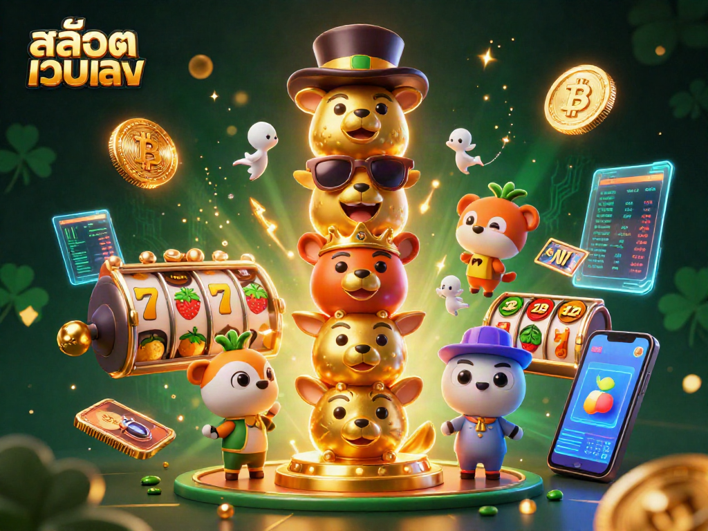 Spin the reels with สล็อตเว็บตรง surrounded by colorful jackpot elements and cryptocurrency icons.