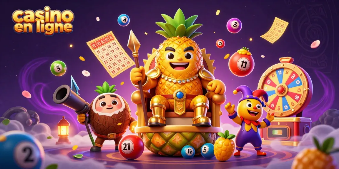 Jouer au casino en ligne avec le roi ananas doré et ses gardes à la plage.