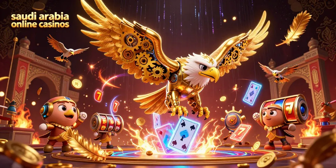 Engage with saudi arabia online casinos as the cybernetic golden eagle dives through vibrant holographic cards.