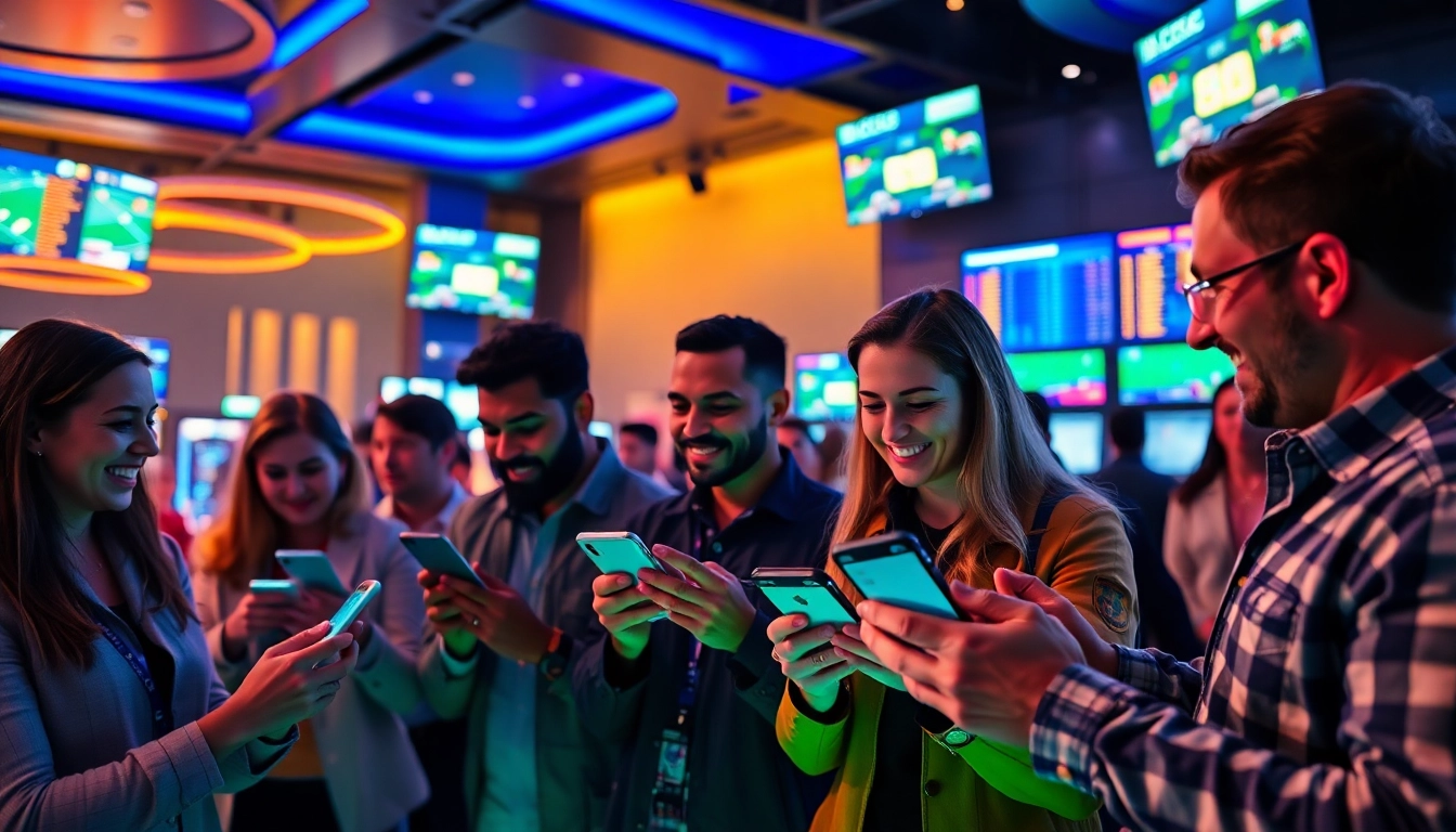Engaging bettors using sportsbooks in British Columbia applications in a vibrant gaming lounge.