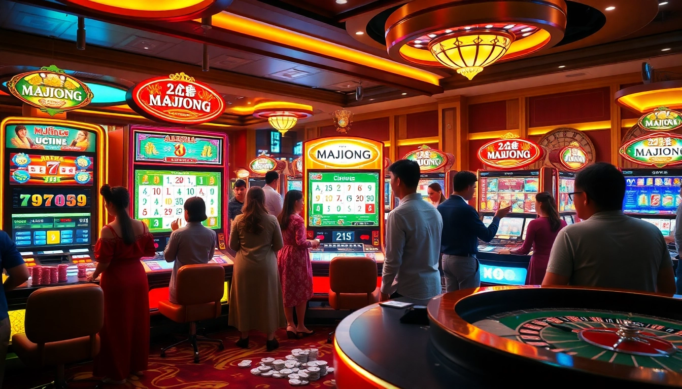 Play the mahjong slot demo at a lively casino with vibrant slot machines and excited players.