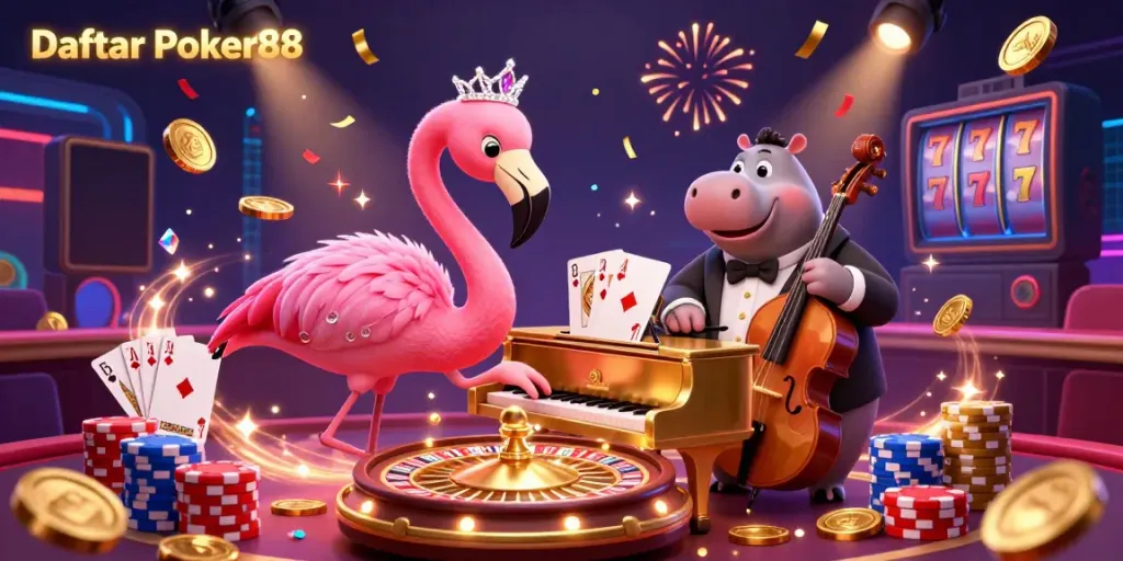 Experience Daftar Poker88 with a vibrant 3D casino scene featuring a singing flamingo and hippo bassist amid dazzling gaming elements.