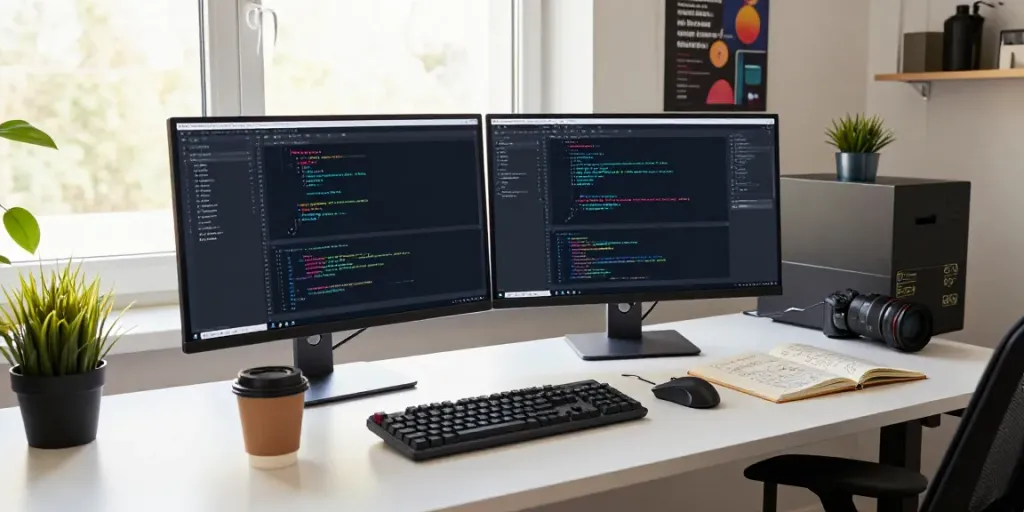 Workspace showcasing a developer using Notepad++ with vibrant syntax highlighting on dual monitors, capturing a productive coding environment.