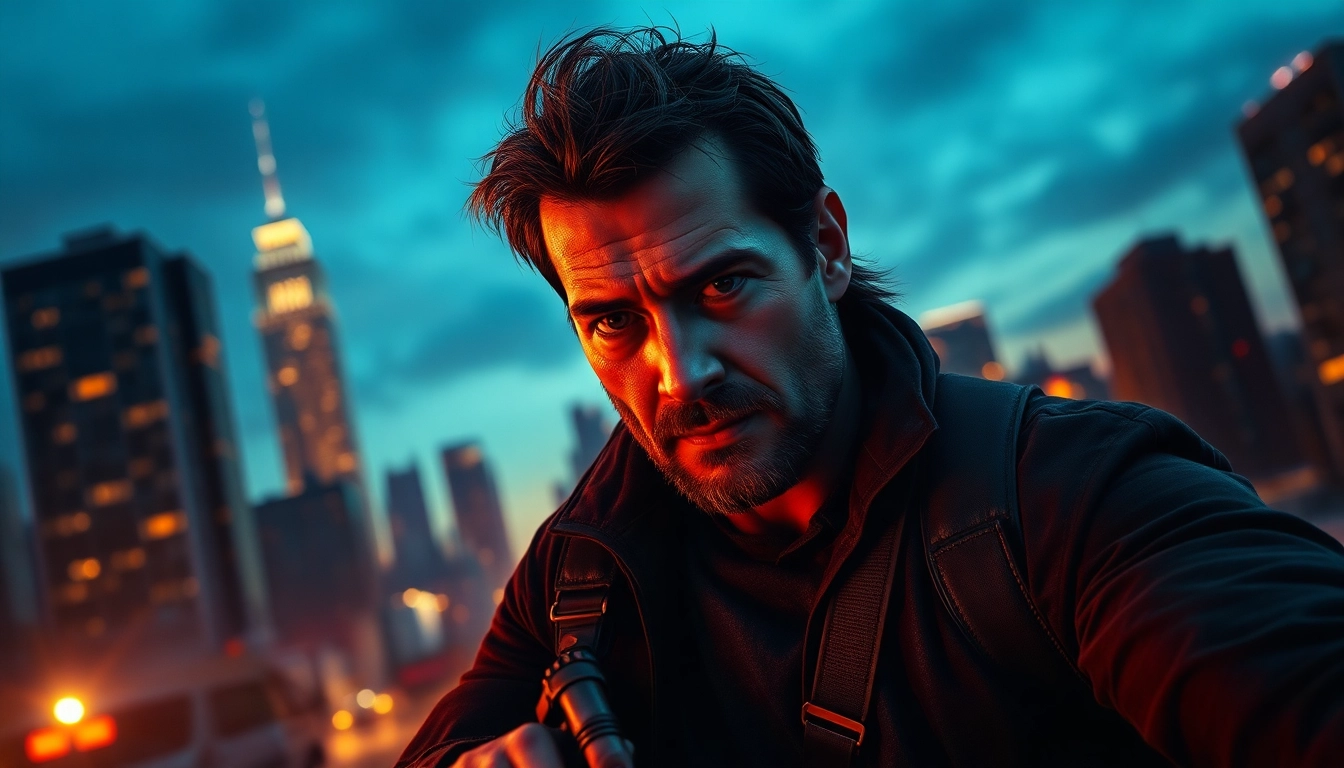 Experience intense action Like Reacher in a dramatic urban setting with a heroic figure.