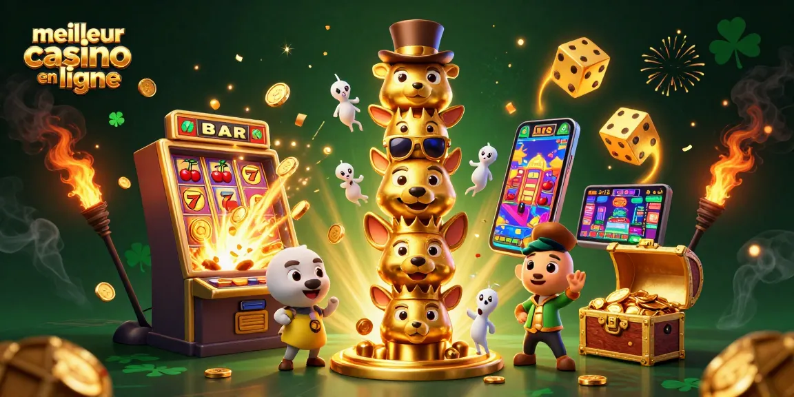 Gagnez des jackpots avec le meilleur casino en ligne dans une scène colorée de machines à sous et de dés.