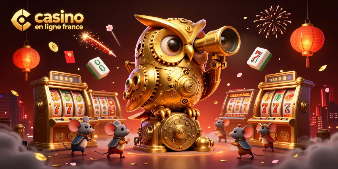 Explorez un casino en ligne France avec une scène magique d'une chouette dorée et des souris entre les machines à sous.