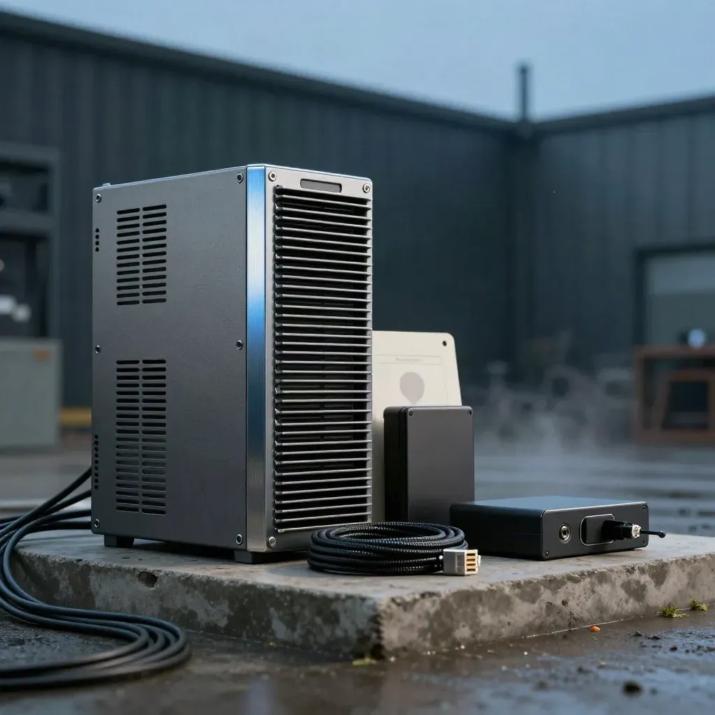 Matte graphite VPS hardware with backup drive, braided cable and power brick on a moody plinth.
