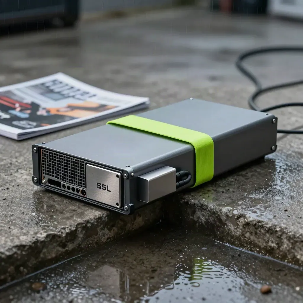 Server migration kit on wet concrete with neon-green accent, reflection, and moody haze.
