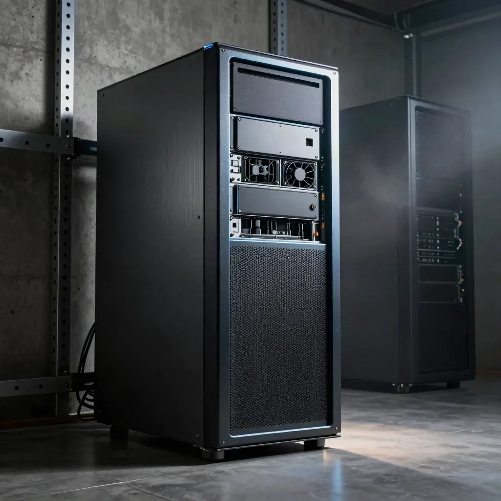 Tall dedicated server chassis in a dark concrete bay with cool rim light and drifting dust.