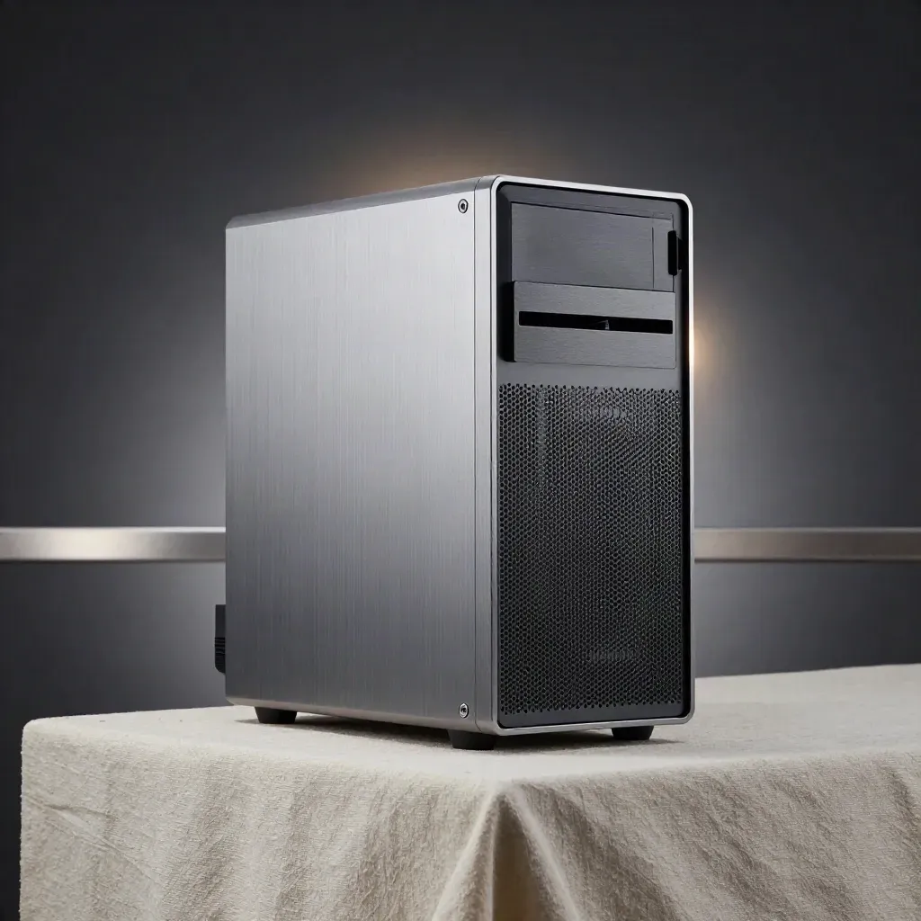 Floating shared-hosting tower with cooling plate and cable spool on pale concrete.