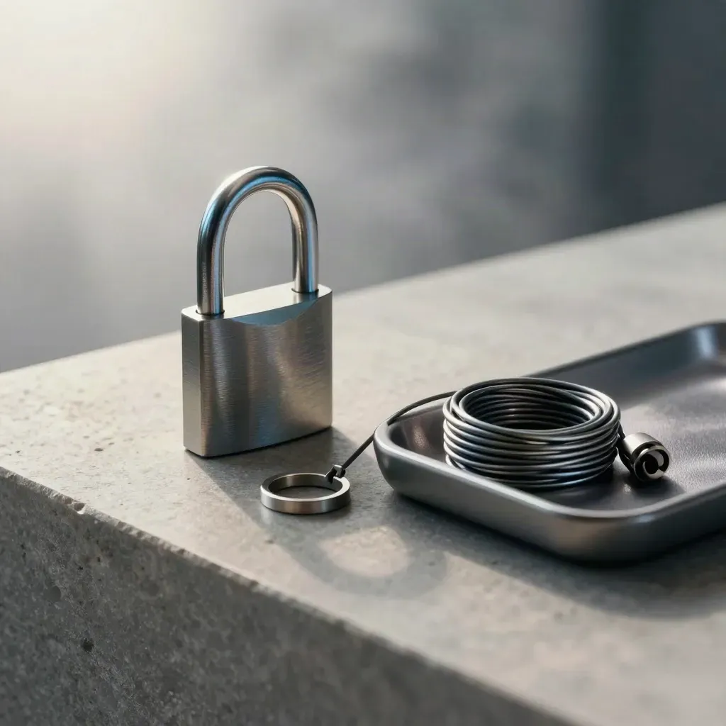 Domain security hardware on stone with cable coil and soft fog, premium lifestyle product shot.