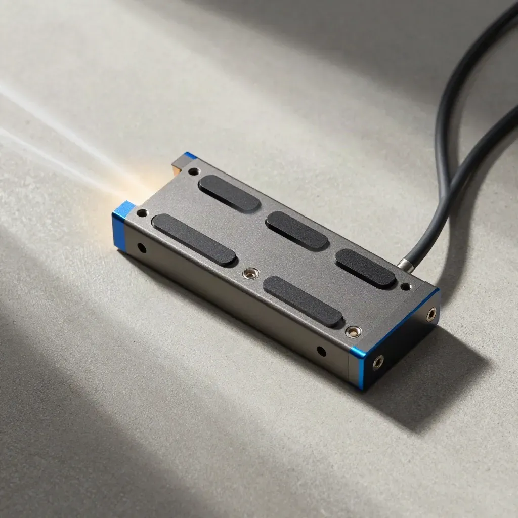 Overhead flatlay of tuning module parts on concrete with airflow trace and cool blue accent.