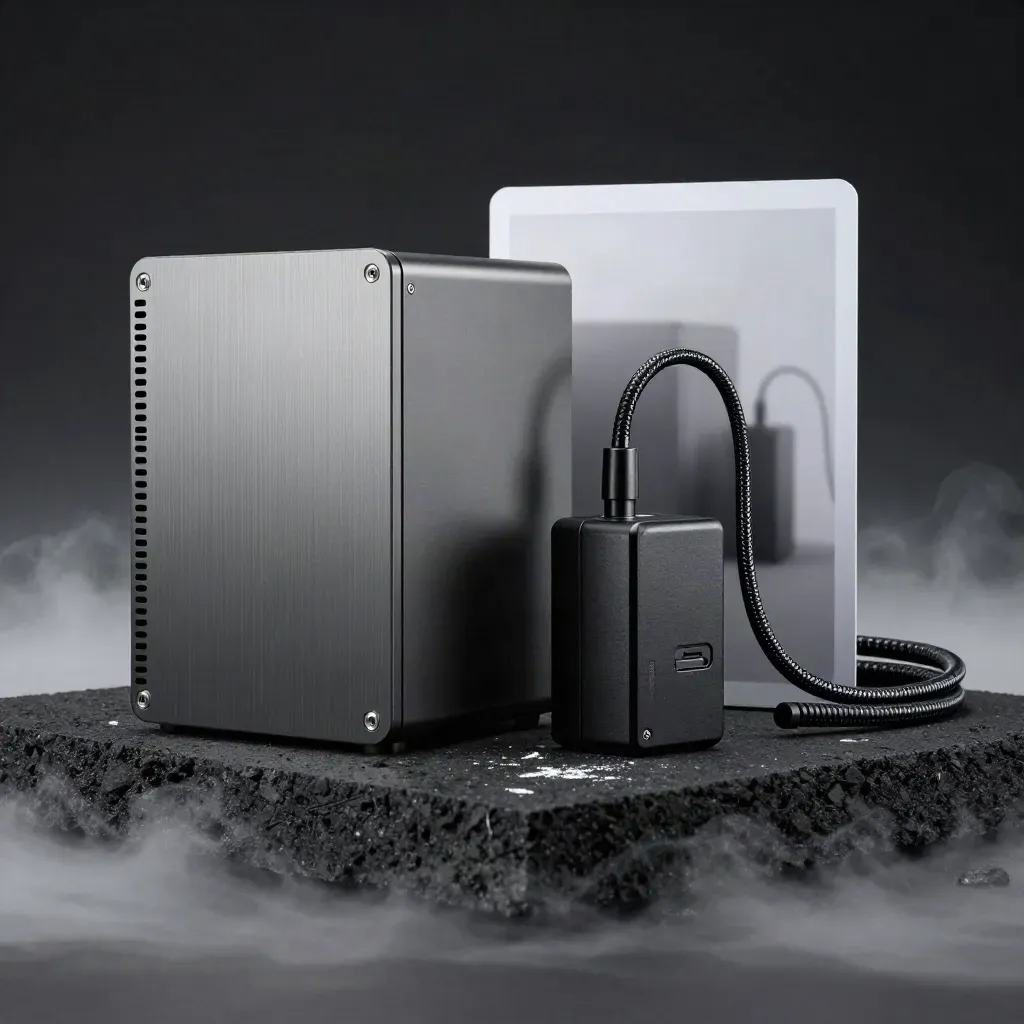 Armored VPS appliance with power puck and coiled lead on a dark plinth, glowing under rim light.