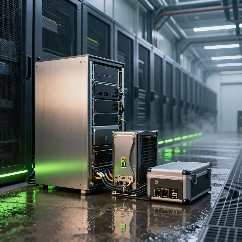Shared hosting hardware cluster racing through a wet industrial corridor with neon green security glow.