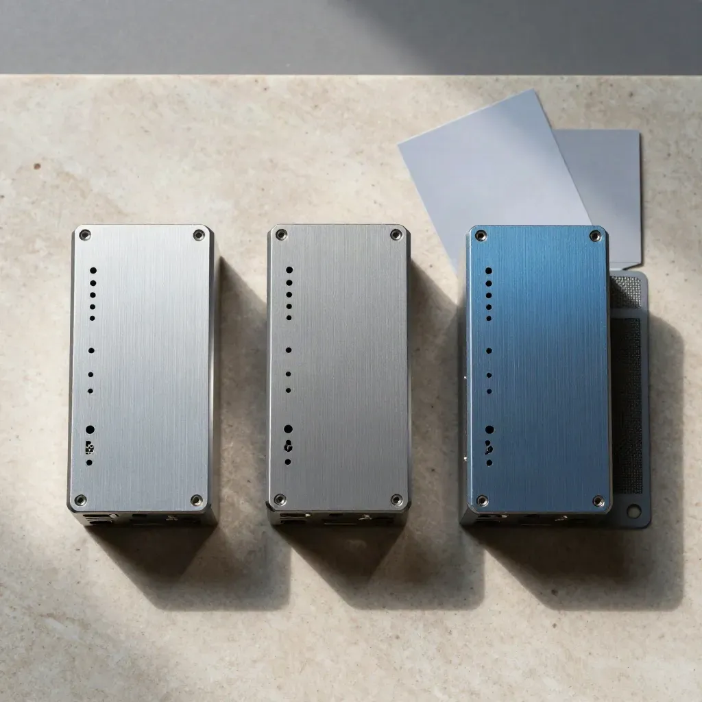 Three compact shared-hosting modules and a spare vent plate on a travertine slab, overhead.