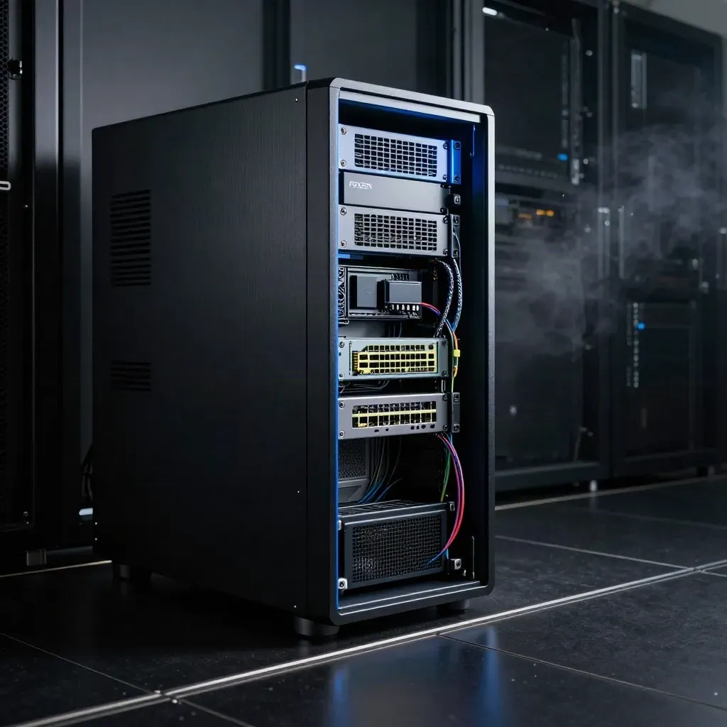 Tall Ryzen server chassis in a dim data hall with cables, vapor haze, and steel-blue rim light.