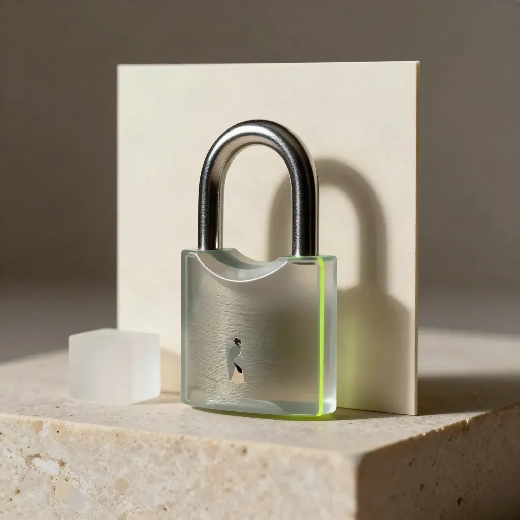 Translucent lock core hero beside a blank backing card on a limestone plinth