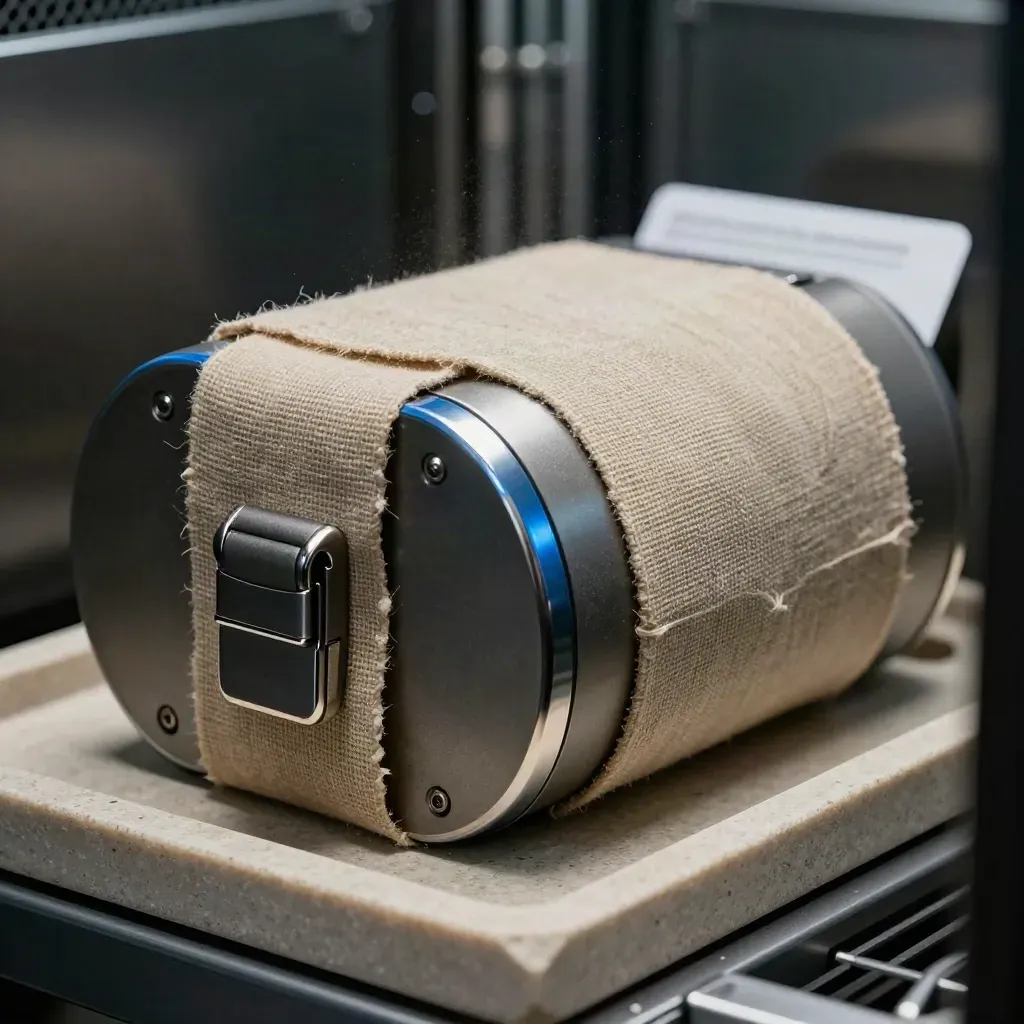 Linen-wrapped backup vault cartridge with layered shells, dark latch, and steel-blue highlights