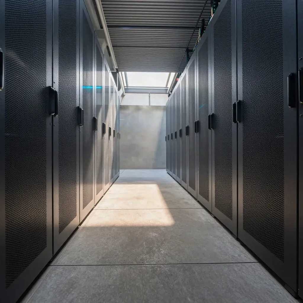 Wide server corridor with glass reflections, ribbed ceiling, and a calm concrete floor in soft haze.