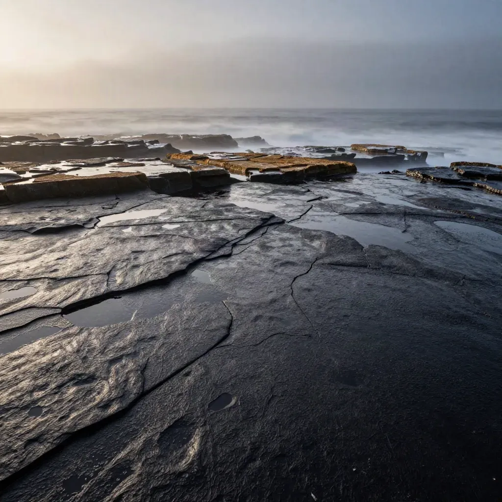 Basalt shoreline shelf above a misty steel-gray sea, wet rocks glowing after rain.