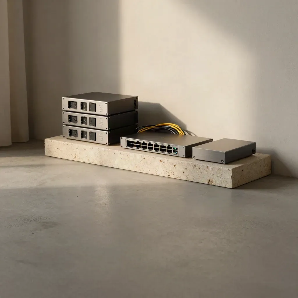 Server hardware and network gear on a stone plinth in a warm neutral studio corner.