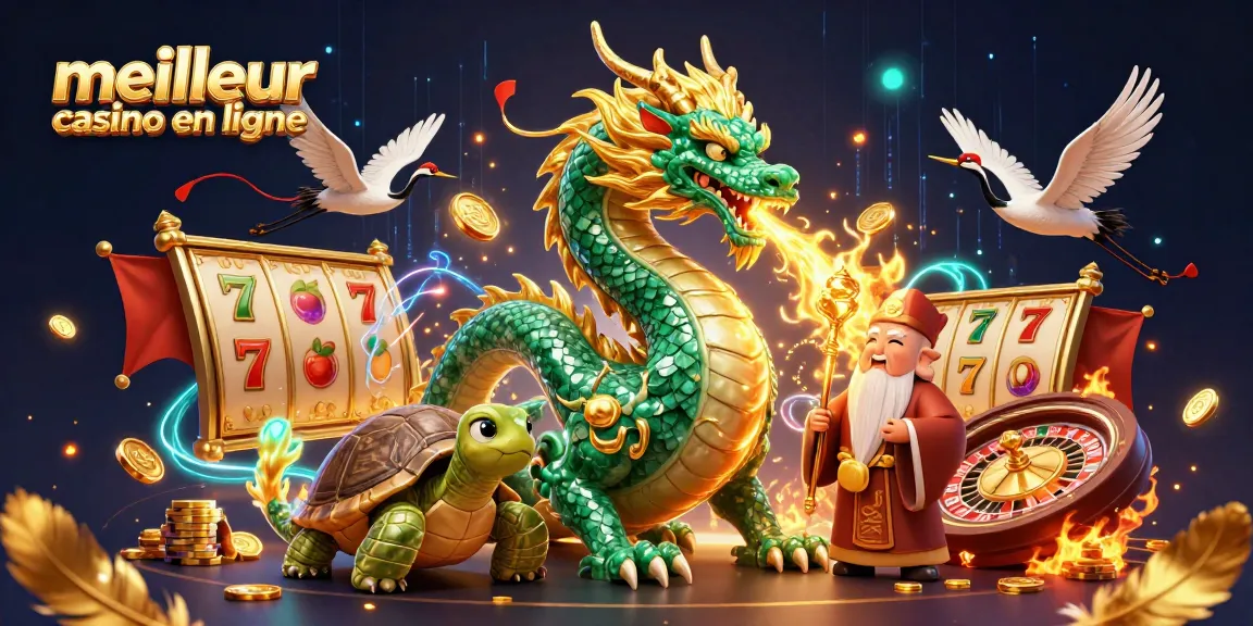 Visuel captivant dévoilant un meilleur casino en ligne avec un dragon émeraude et divers éléments de jeu.