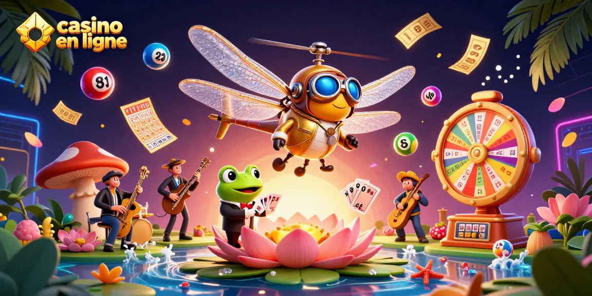 Jouez au casino en ligne avec des personnages animés dans une scène vibrante remplie de jeux.