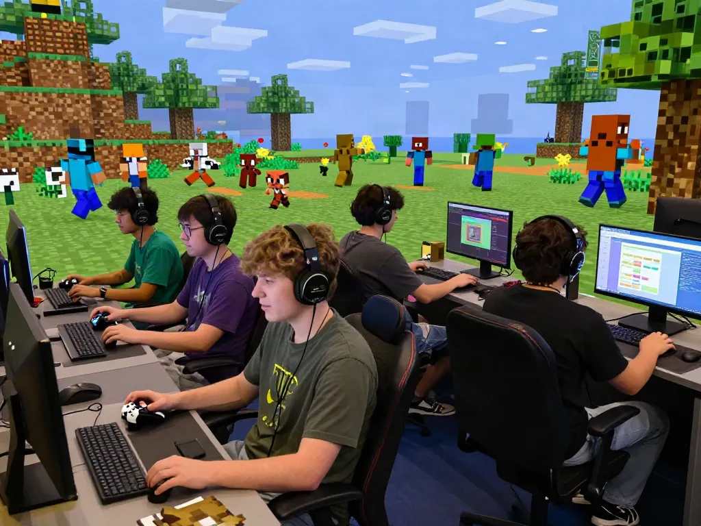 Dynamic gaming scene showcasing players on a Minecraft server list using vibrant environments and engaging activities.