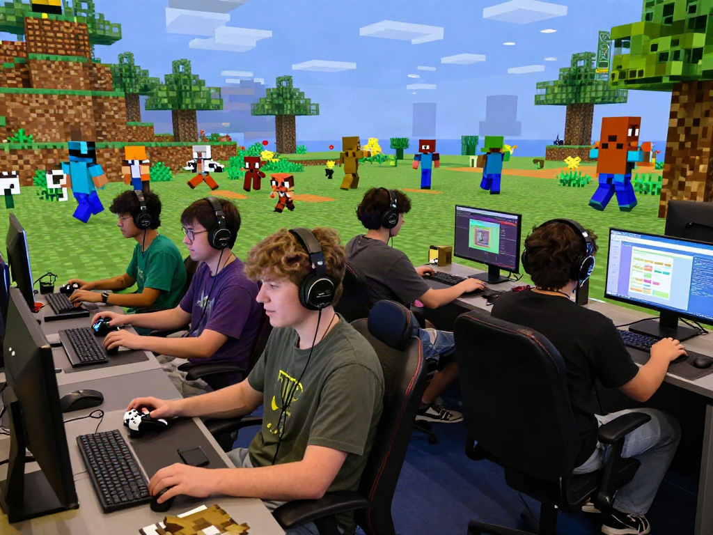 Dynamic gaming scene showcasing players on a Minecraft server list using vibrant environments and engaging activities.