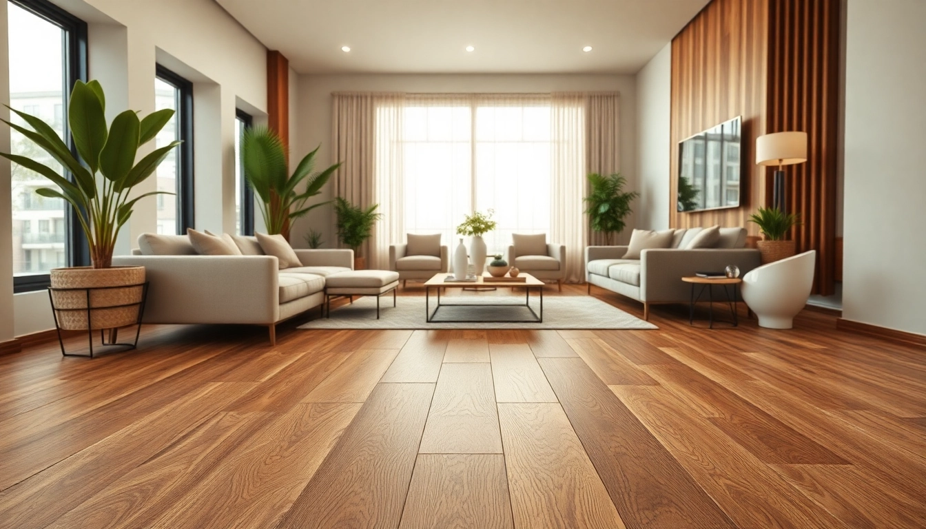 Luxury vinyl flooring showcased in a bright, modern living room with elegant decor and warm colors.